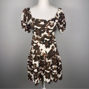Japna Women’s XS Brown Floral Dress Short Sleeve Open Tie Back Lined Fit & Flare